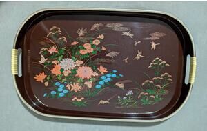Vintage Toyo Japan Lacquer Serving Tray Brown Floral Dragonfly Mid Century MCM